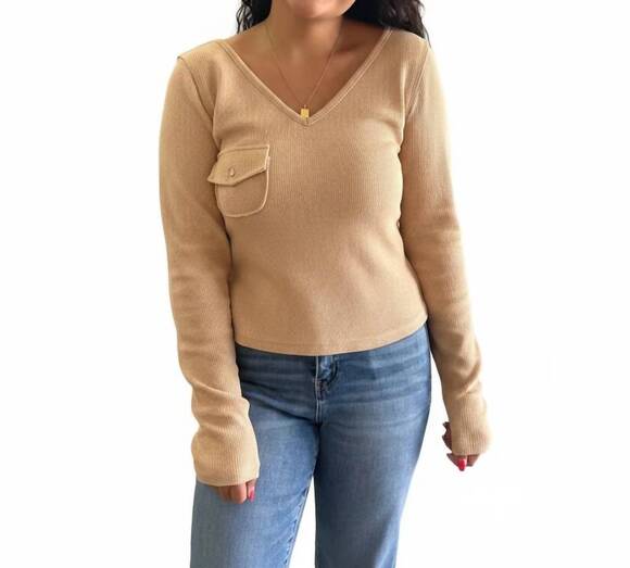 POL Tops - NEW POL women's waffle v neck crop long sleeve top in sand